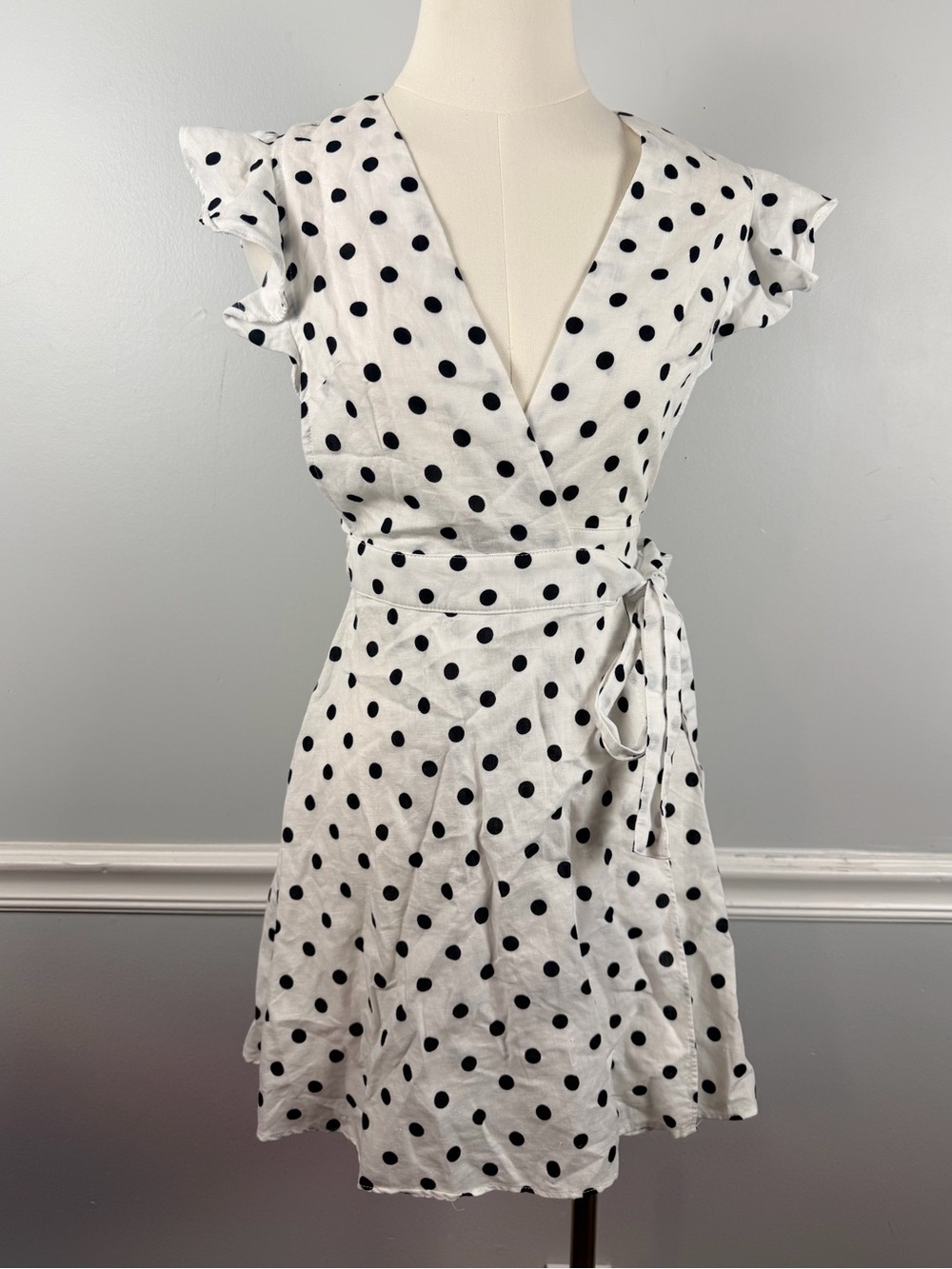 Privacy Please White Black Polka dot wrap linen cotton mini dress size XS